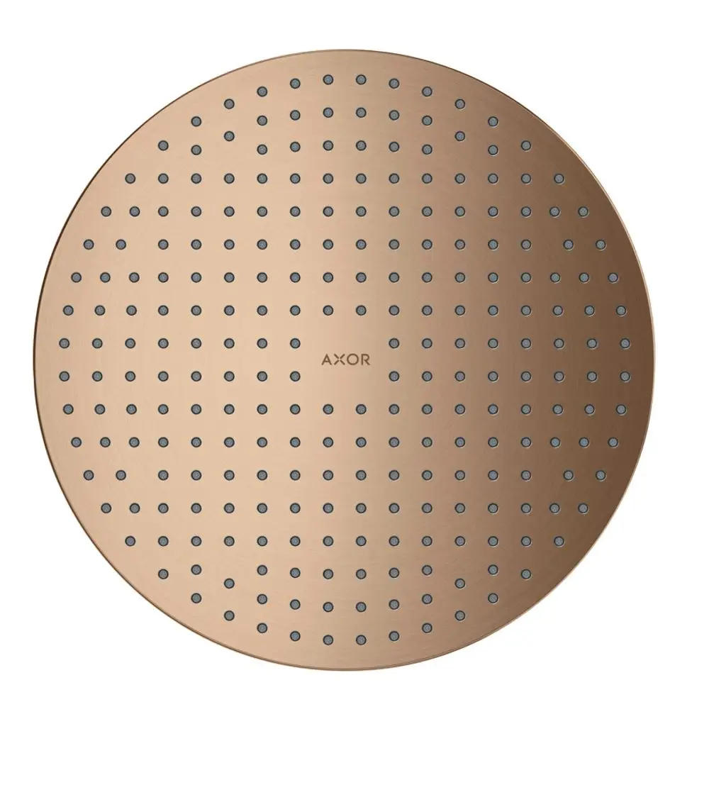 Runde Kopfbrause mit gleichmäßig verteilten Düsen und matter Oberfläche in Brushed Red Gold. Mit AXOR-Logo in der Mitte.